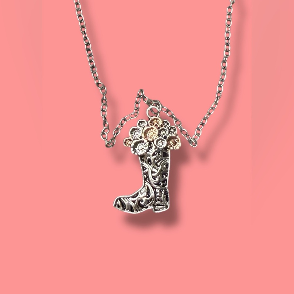 Silver & Rose Gold Tone Cowgirl Boot Pendant Necklace approx. 18” length